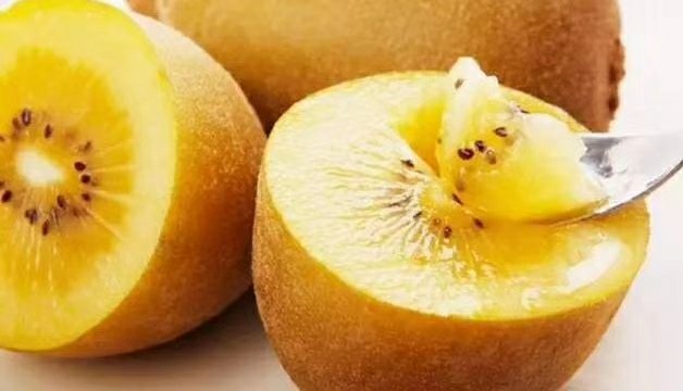 生活化场景摄影:黄心猕猴桃成熟食用状态实拍,突出晨光下金黄果肉的温润光泽与勺尖轻压产生的自然弹性凹陷,传递'刚刚好'的柔软口感体验 场景图:清晨阳光透过厨房窗台,一只洗净的黄心猕猴桃被对半切开,露出明亮金黄果肉,旁边配不锈钢小勺轻触果肉表面,呈现微微下陷的柔软质感,背景为木质砧板与亚麻餐巾