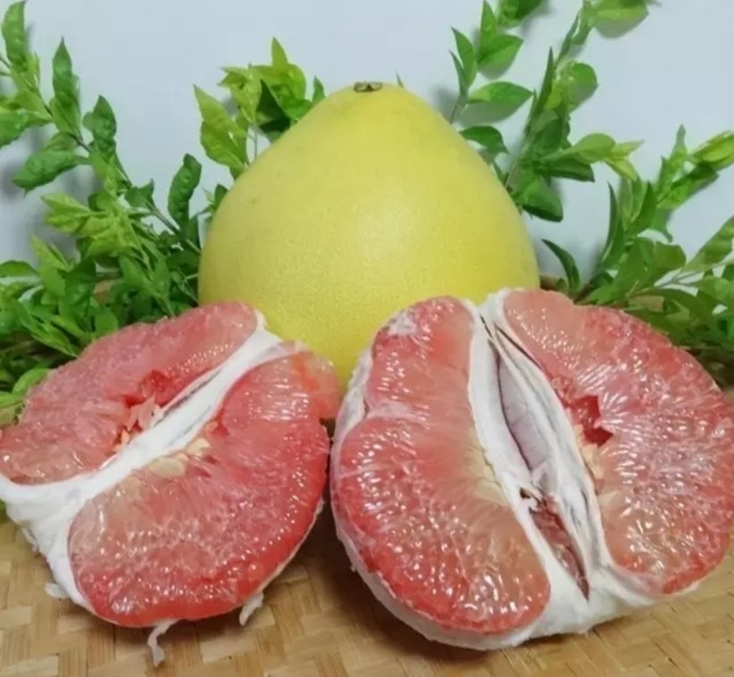 红心柚切开展示果肉特写