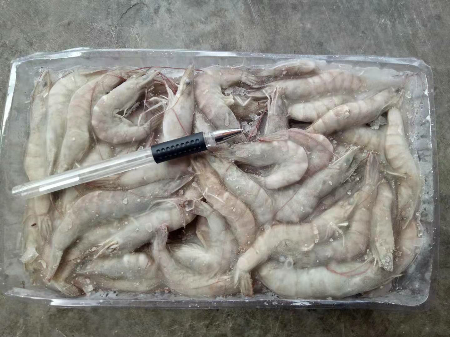 超市海鲜区陈列的冷冻南美白对虾产品