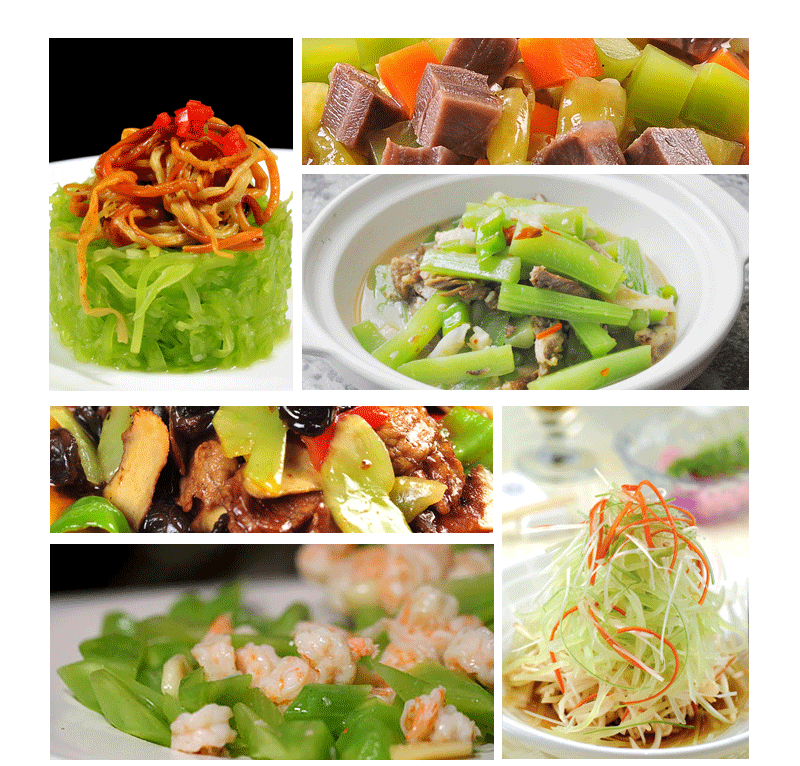 紫叶香莴笋从原料到成菜的全流程视觉呈现,突出其食用形态多样性与高级轻食美学表达 紫叶香莴笋厨房应用组图:左上为洗净沥水的整株紫叶莴笋平铺于竹编托盘;右上为刀工处理特写——紫叶切丝、嫩茎斜切成菱形片;下方为成菜摆盘——紫叶莴笋丝拌山核桃与柠檬汁,色彩对比鲜明,质感清爽,佐以黑芝麻与可食用花瓣点缀