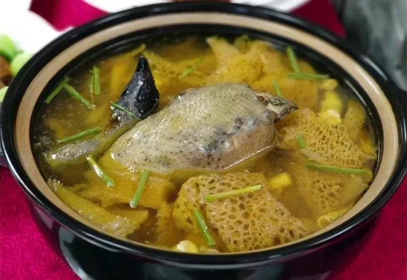 一道精致的中式汤品,碗中可见数片泡发后的长裙竹荪菇呈半透明状,搭配枸杞、鸡肉块,汤色清澈微黄,整体摆盘典雅,体现其在高端餐饮中的应用价值 长裙竹荪菇在高端宴席中的应用