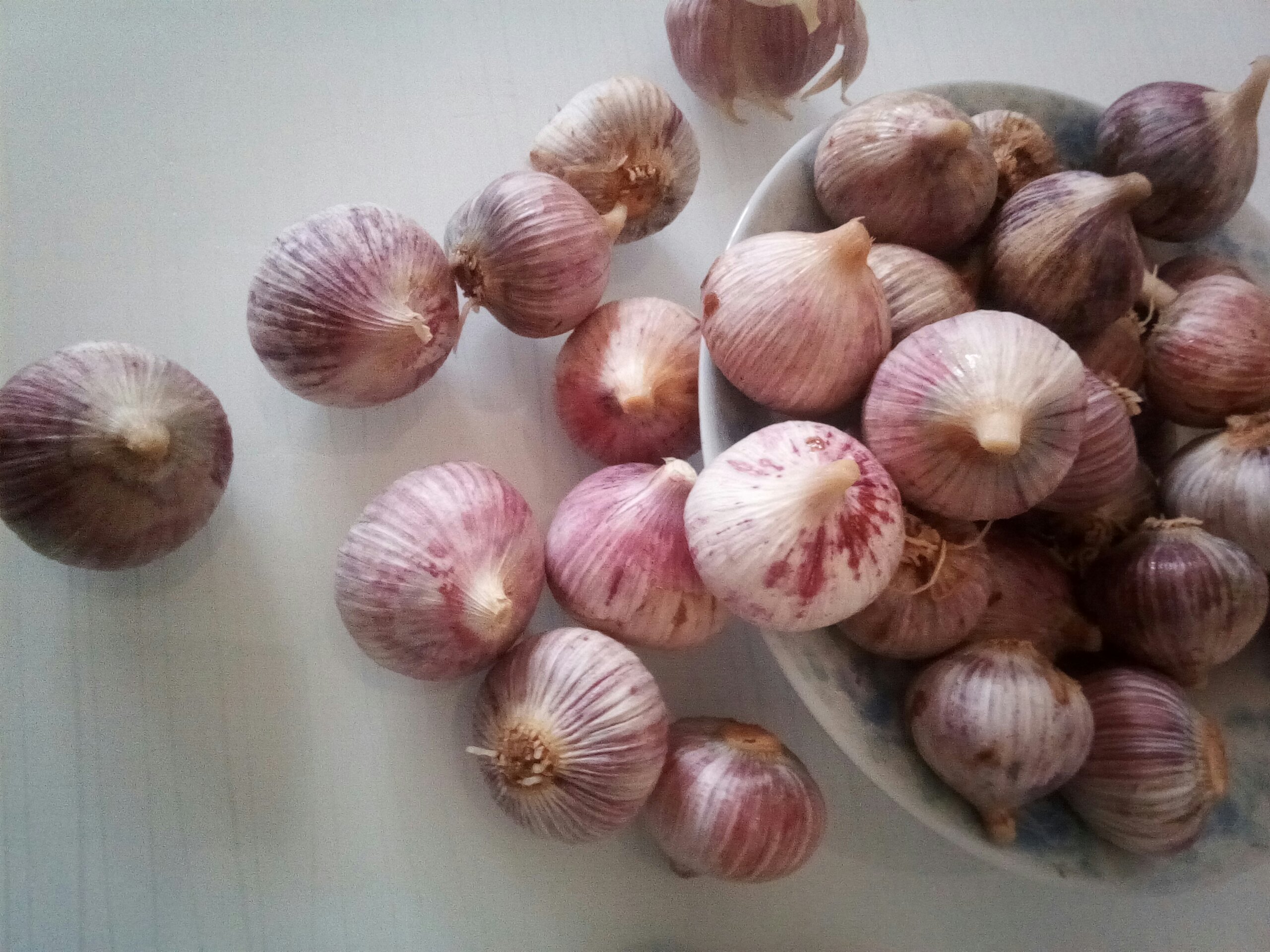 餐桌上摆放着一盘烤制后的独头蒜,外皮微焦,剥开后露出金黄色柔软蒜肉,旁边配有叉子和小碟,背景为厨房环境,体现家庭健康饮食氛围 独头蒜料理场景图