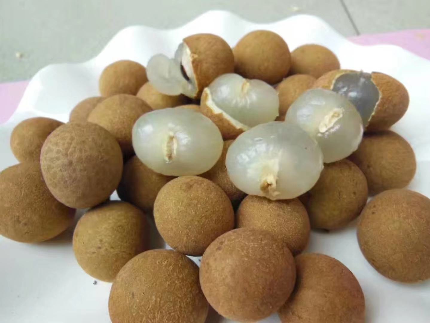 鲜桂圆果肉特写：半透明乳白果肉饱满多汁，表面微泛琥珀光泽，果肉上可见细微脉络纹理，背景为青绿色龙眼树叶