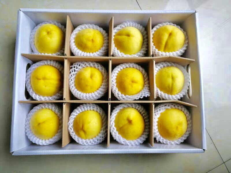 炎陵黄桃礼盒与新鲜果实特写