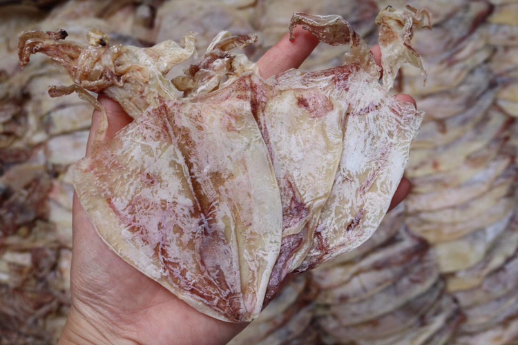 农贸市场海鲜摊位,整齐悬挂着十余条金黄色干鱿鱼,呈扇形展开,背景有顾客正在挑选,摊主手持秤杆称重,体现传统年货采购氛围 市集摊位上的干鱿鱼陈列