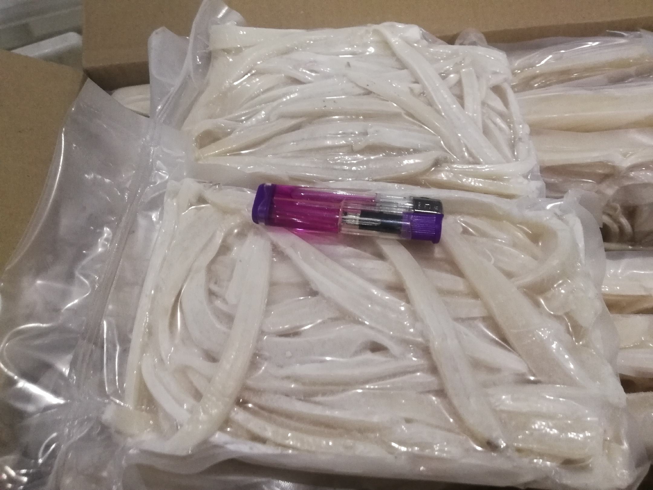 展示真假鱿鱼丝原材料对比,左侧为整只鱿鱼,右侧为加工后的鱿鱼丝产品 鱿鱼丝产品与原料对比图