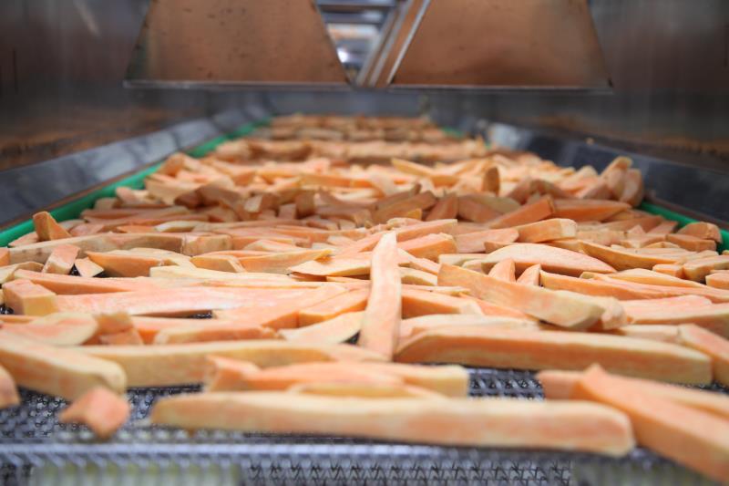 展示紫薯米加工生产线的场景,工人正在操作机械设备进行切粒和干燥处理 紫薯米加工生产线