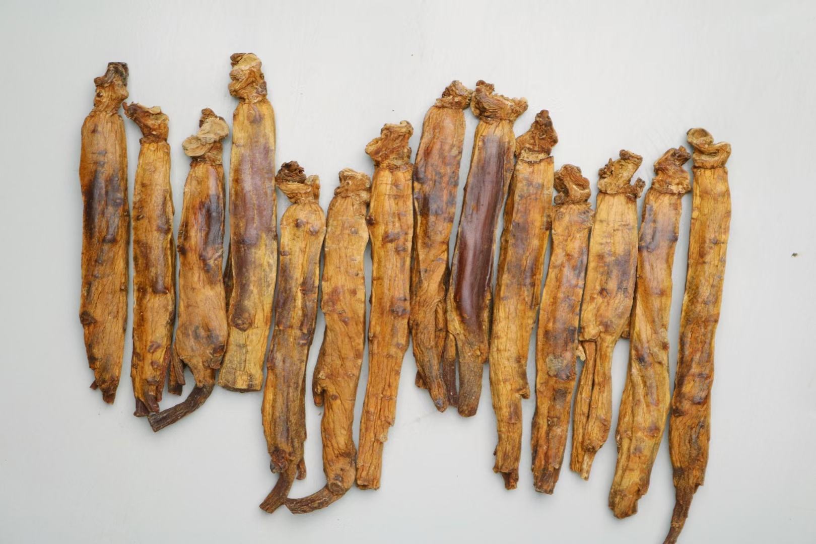 红参片摆放在白色背景中,清晰展示其色泽和纹理 红参片实物图