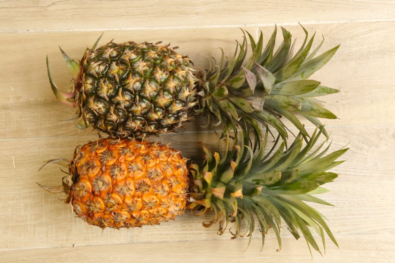 展示两个菠萝,一个外皮偏绿,一个外皮偏黄,用于颜色对比 菠萝不同颜色的外皮对比