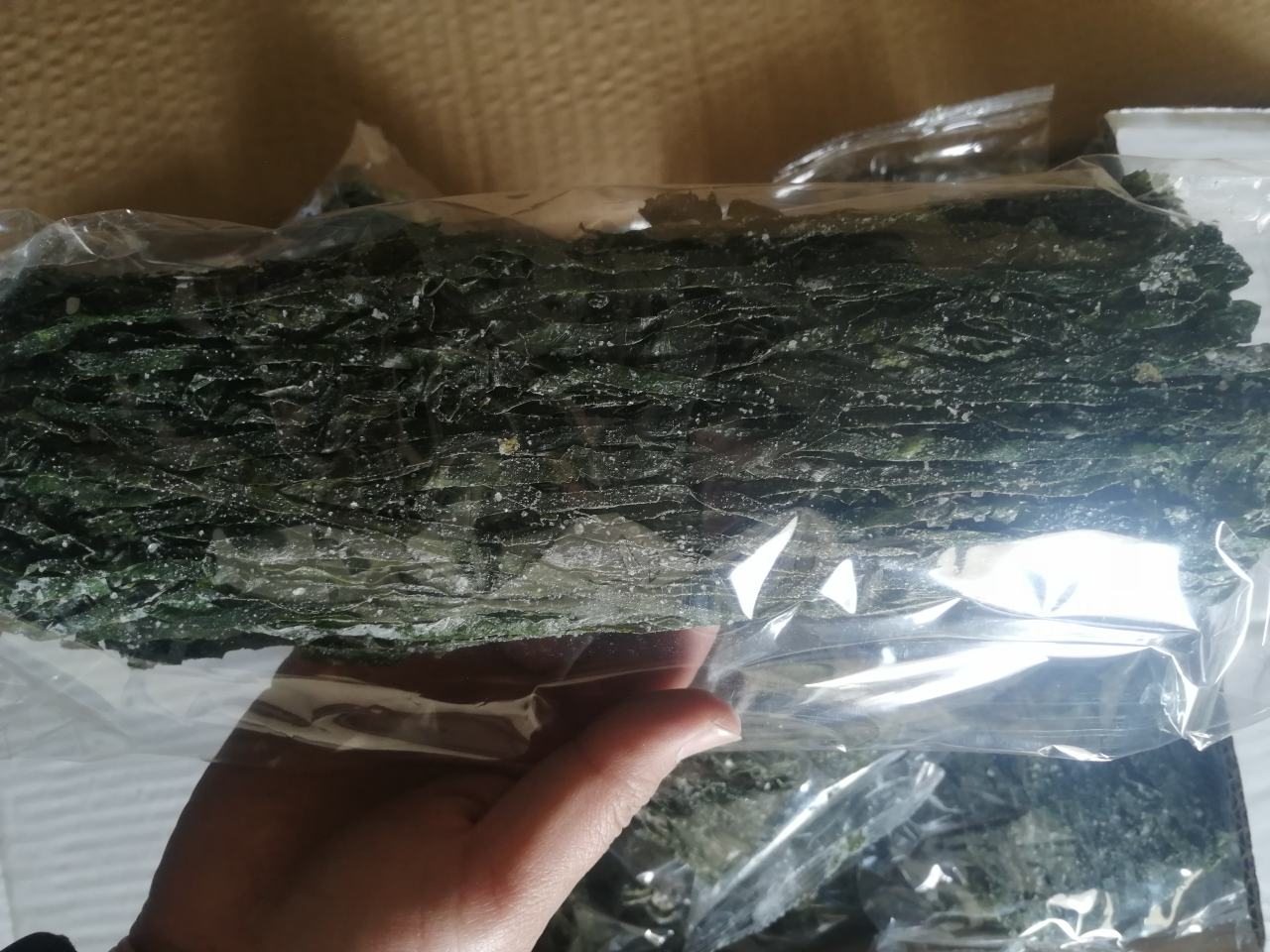 专业实验室检测场景：技术人员使用卡尔费休水分测定仪检测干海带丝样品，屏幕上显示实时水分含量9.27%，操作台摆放碘含量检测试剂盒、褐藻多糖HPLC分析报告单及GB 19643标准文本
