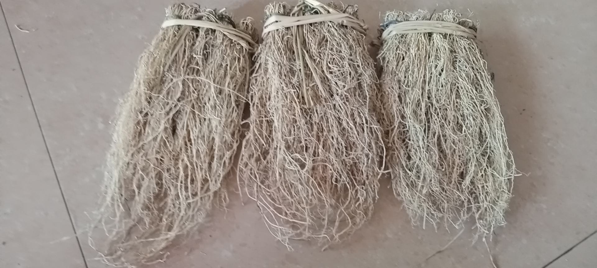 一束干燥的白莲须,呈淡黄色至浅棕色,细长丝状,质地轻盈,带有轻微绒毛感,整齐捆扎成小把,背景为木质桌面,展现其天然药材属性 白莲须特写