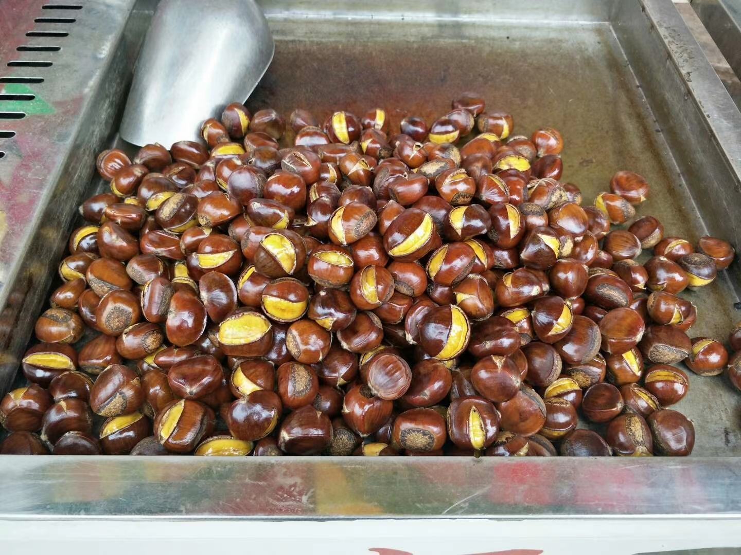 一盘刚出炉的烤迁西板栗,外壳裂开呈花朵状,露出金黄色的果肉,冒着热气,旁边配有木夹和白色瓷盘,营造温暖秋季氛围 刚出炉的烤迁西板栗