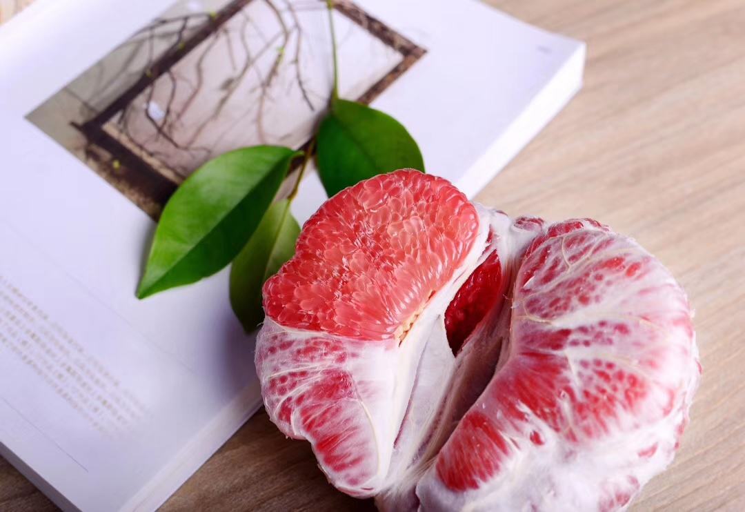 特写镜头下,一把锋利刀具正切开一颗成熟的琯溪蜜柚,果肉饱满多汁,汁液微微溢出,清晰展现果瓣结构与晶莹剔透的果粒。左侧为红心蜜柚,果肉呈玫瑰红色;右侧为黄金蜜柚,果肉金黄诱人,背景虚化突出主体,体现新鲜度与高品质 琯溪蜜柚切开展示果肉质地与汁水效果