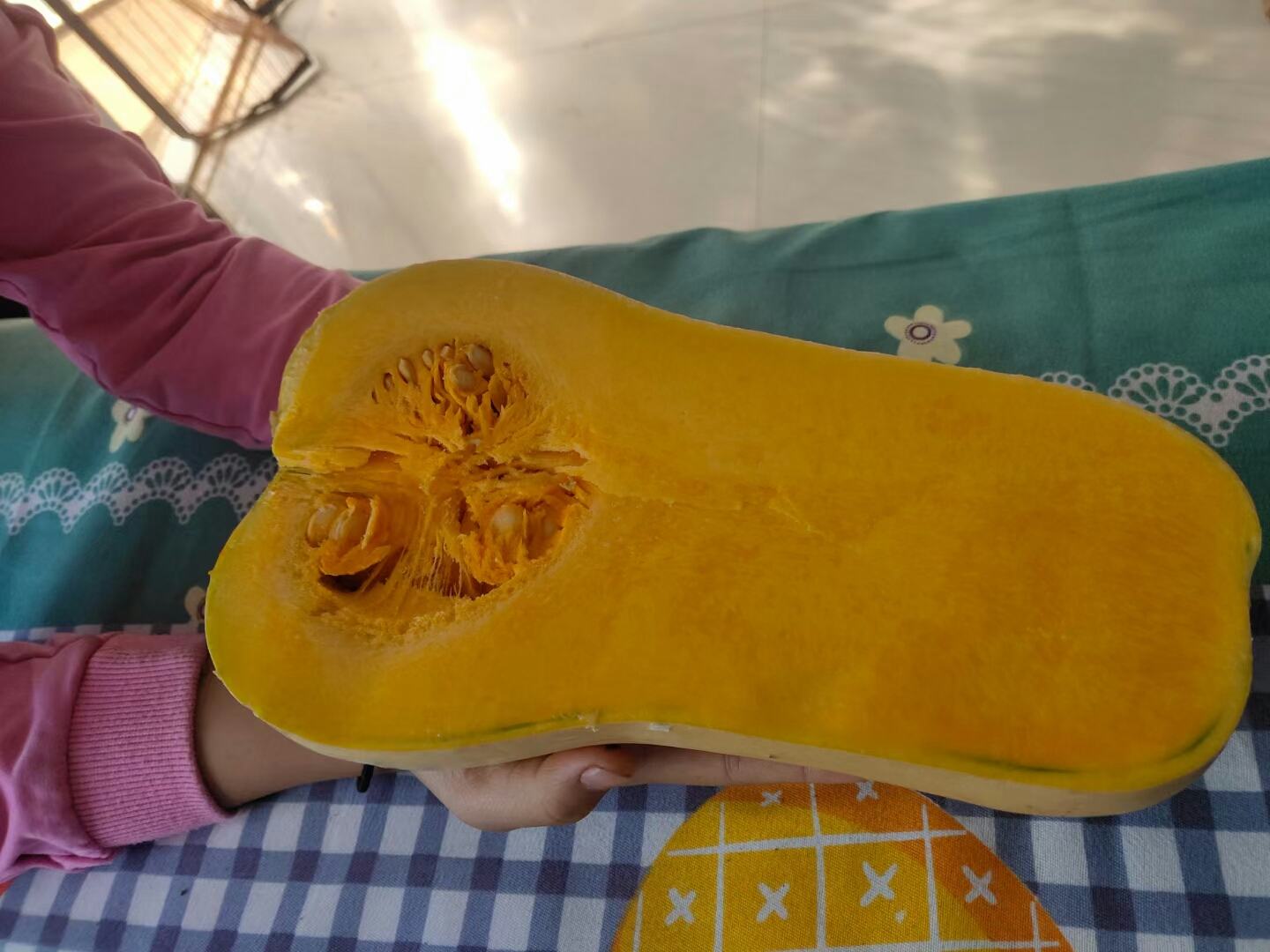 奶油南瓜切开内部橙黄色果肉特写