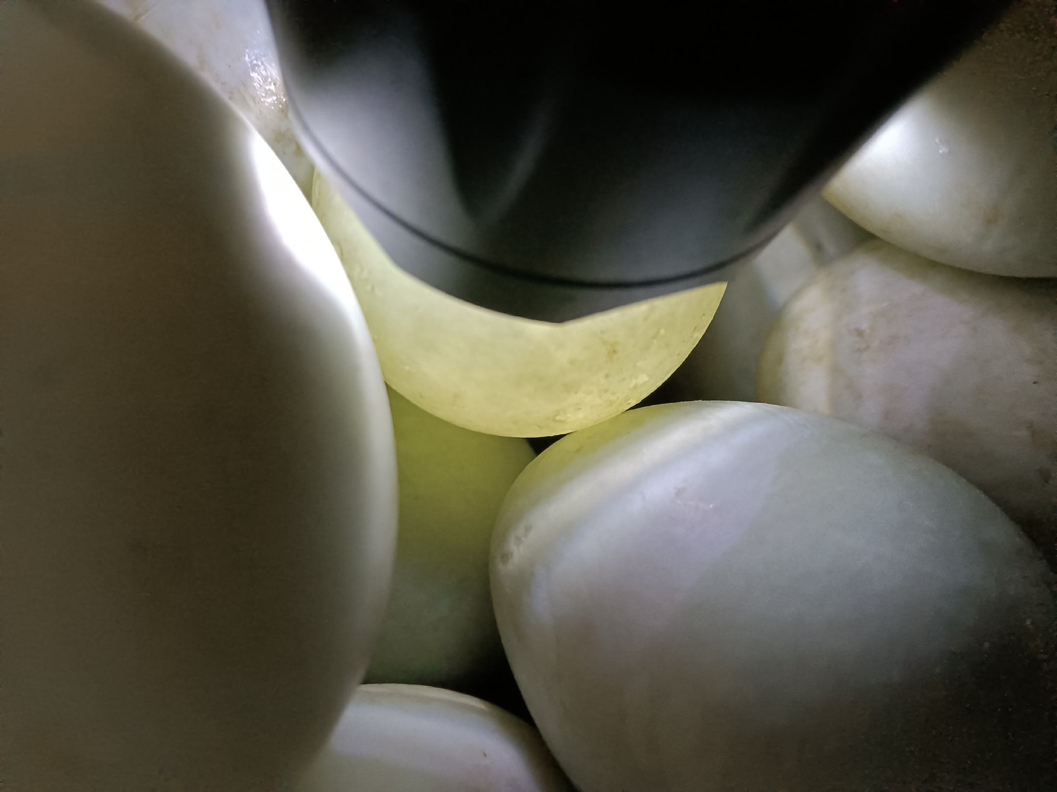 一位中年女性正在厨房用灯光照鸡蛋，检查其内部质量，桌上铺着格子桌布，氛围温馨