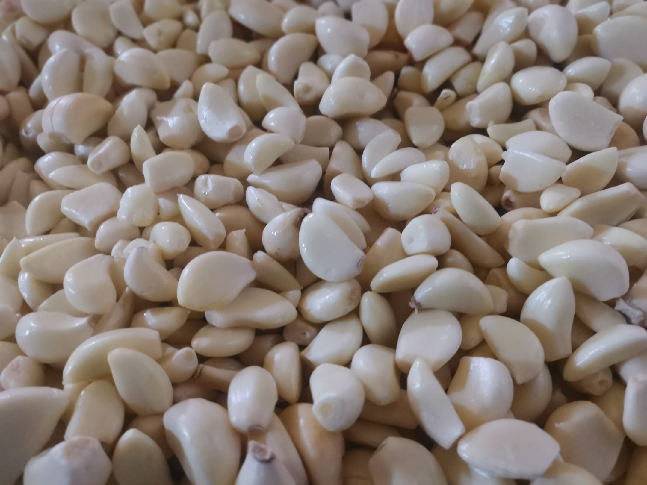 特写镜头呈现腌制完成的蒜米辣椒:蒜米呈半透明乳白色,饱满挺立;辣椒片转为鲜亮琥珀红,边缘微卷但保持完整形态;腌汁清澈透亮,悬浮少量细小蒜茸,整体盛于磨砂玻璃碗中,撒少许白芝麻点缀,背景为原木餐桌与竹筷 成品蒜米辣椒特写图