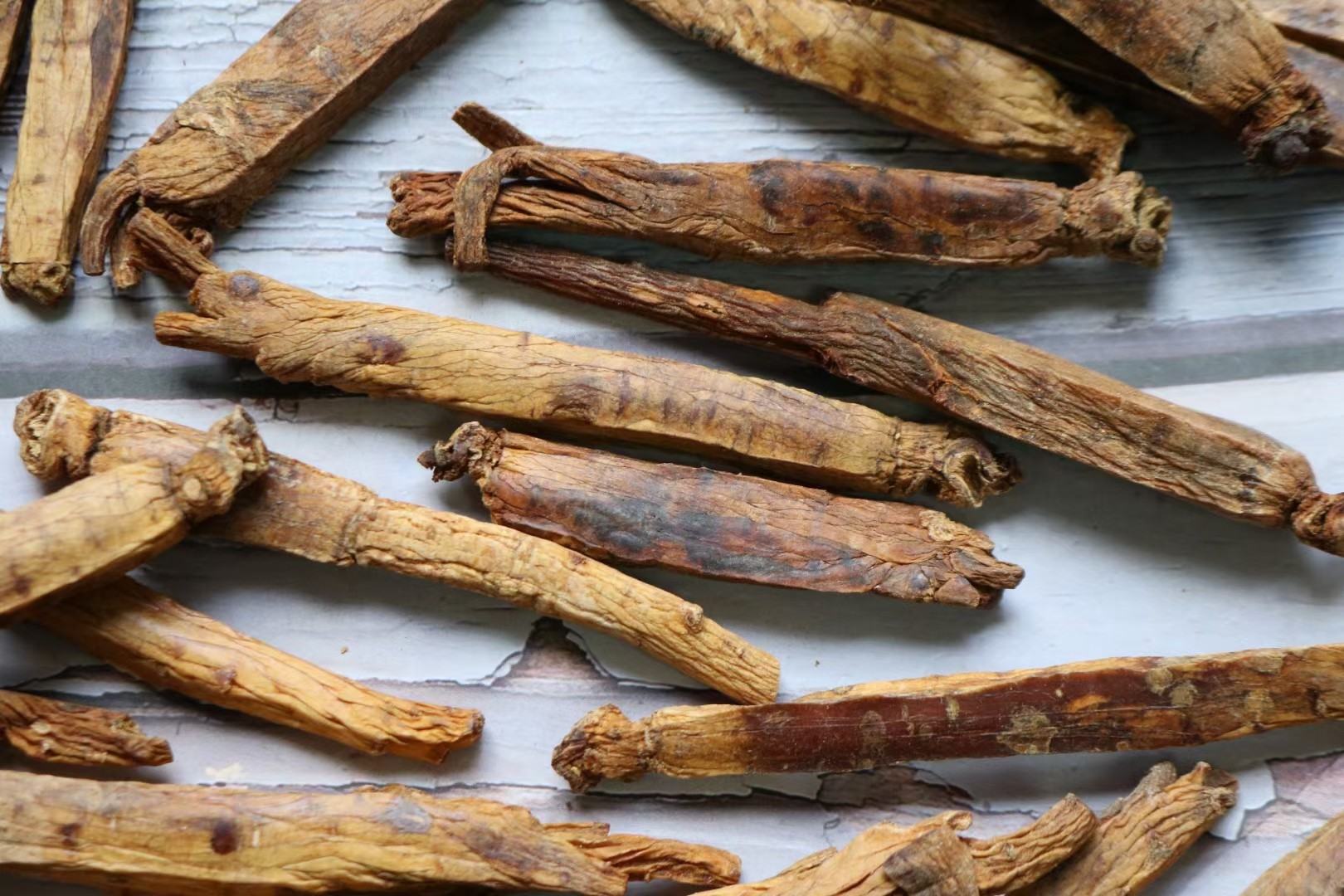 高丽参整根特写,展示其饱满质地与表皮纹理 高丽参药材特写