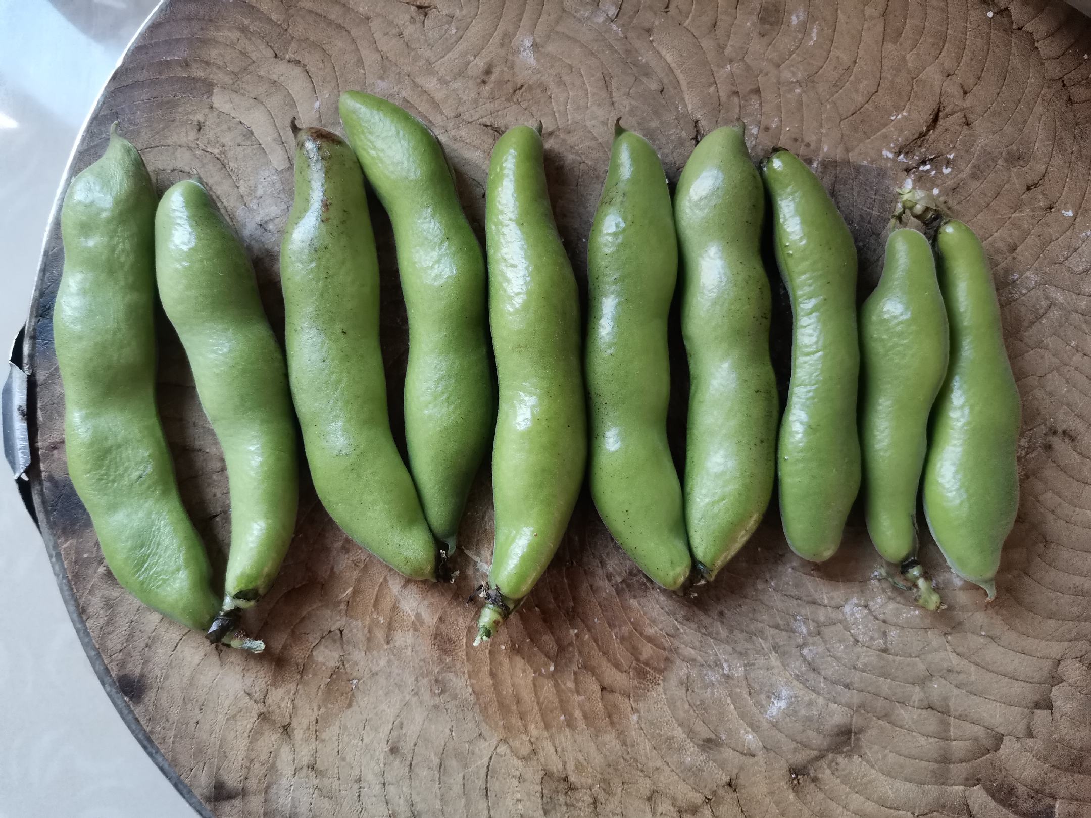 新鲜绿色蚕豆荚剥开露出青色豆粒,旁边摆放着一块带皮瘦肉猪肉,背景为木质砧板和厨房环境,展现两种食材的自然状态 蚕豆与猪肉食材对比图