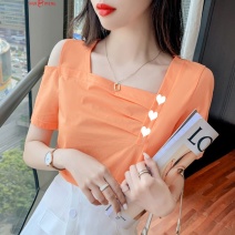 网红爱心短袖t恤女夏季新款气质小众设计感心机方领锁骨露肩