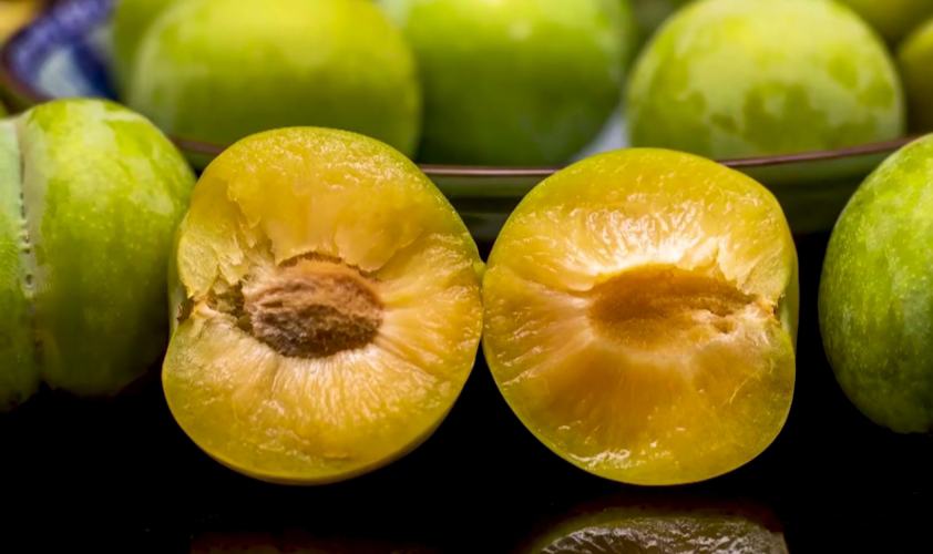 一颗成熟的蜂糖李,表皮呈淡黄绿色,略带果粉,果形饱满圆润,切开后果肉应为淡黄色、透明多汁,但图中果肉中心出现褐色斑块和软化区域,显示内部已开始腐烂 蜂糖李果实特写