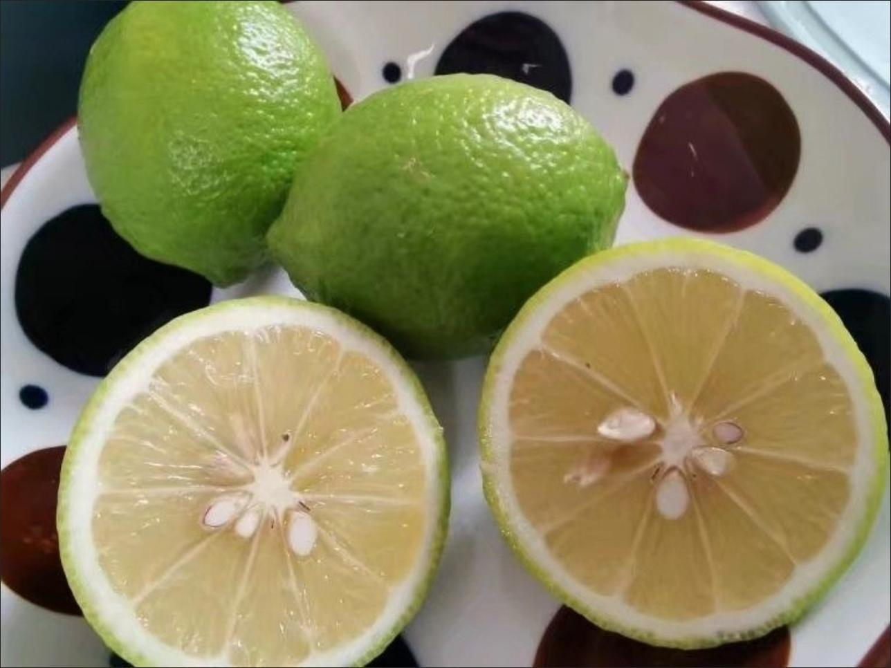 两张高清柠檬切面对比照片,左侧为安岳黄柠檬,果肉呈淡黄色,汁胞饱满;右侧为典型青柠檬(Lime),果肉偏青白色,结构紧实,背景为木质砧板,旁边配有柠檬汁滴落的慢动作水花 柠檬切面特写对比图