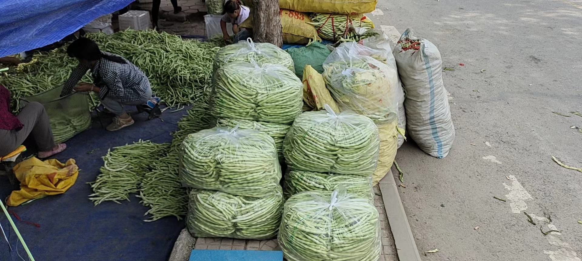 四季豆与其它蔬菜一起摆放在市场摊位上的图片