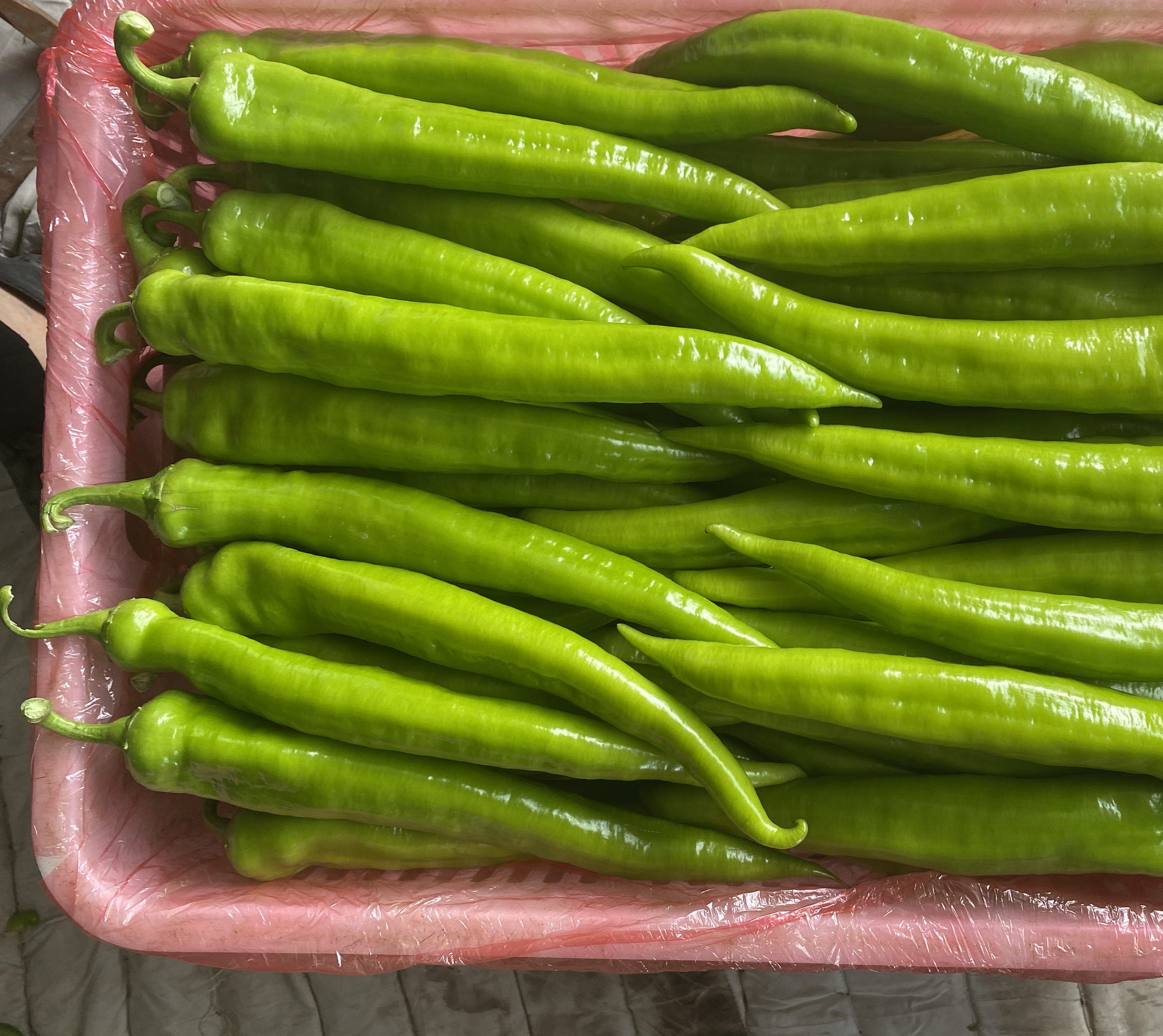新鲜青尖椒整齐摆放在竹制沥水篮中,正在阳光下自然晾干表面水分;背景为农家厨房窗台,光线柔和,体现天然健康氛围 青尖椒清洗与晾晒过程