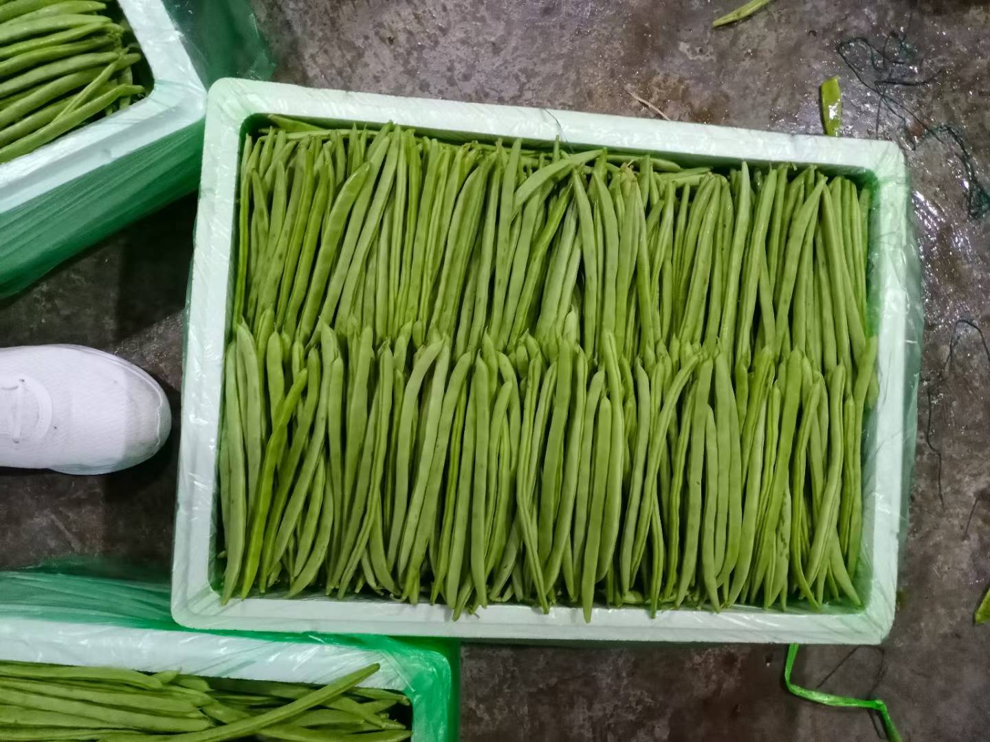 锅中沸腾的水正在焯烫绿色无筋豆,旁边摆放着已焯好沥干的豆角 无筋豆焯水过程图