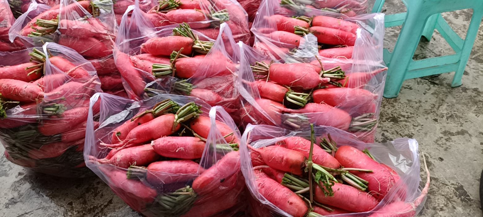 菜市场摊位上的红皮萝卜