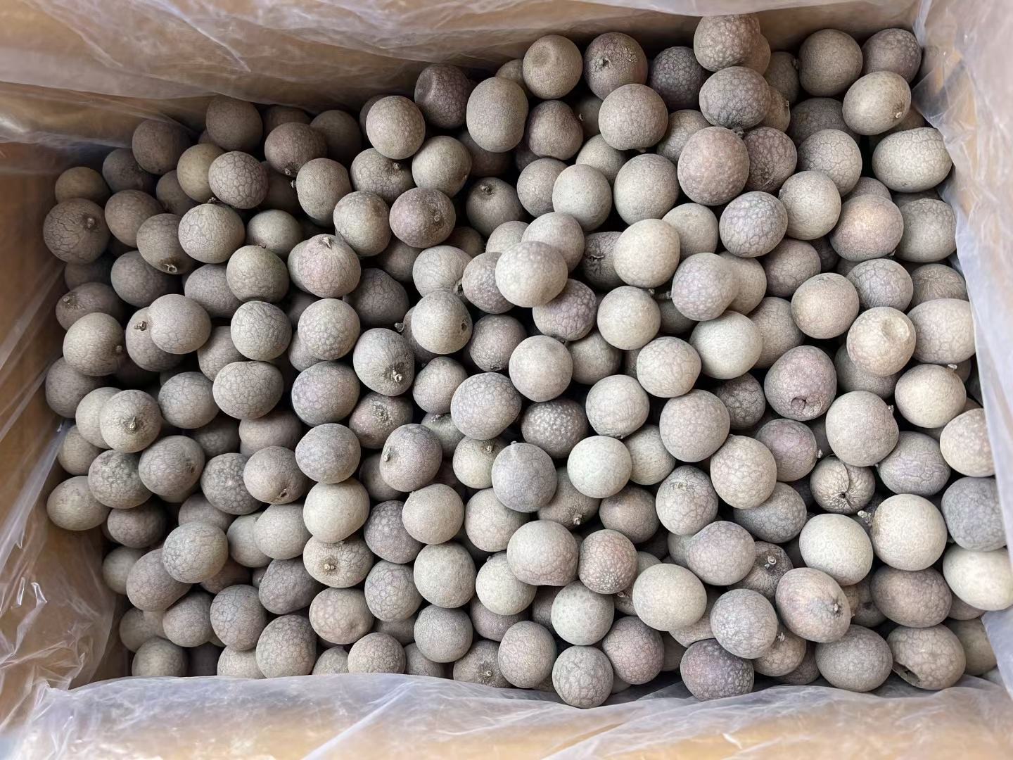现代化物流中心内的龙眼出口作业区,蓝色塑料周转筐中盛满新鲜储良龙眼,工人们正在分拣台进行质检与分级,旁边是贴有中英文标签的纸箱,箱体标注“Fresh Longan - Gaozhou, China”及目的地迪拜字样,叉车将封箱货物运往冷藏集装箱 龙眼出口装箱现场