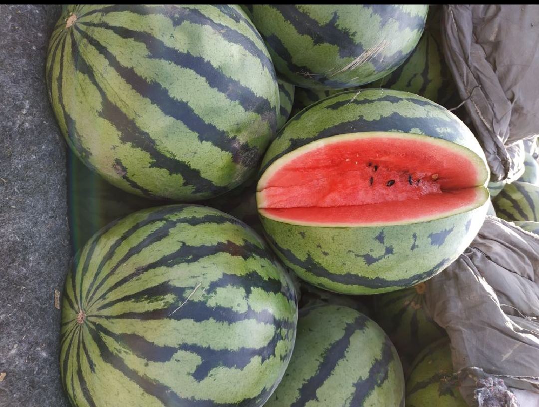 一个新鲜的甜王西瓜被横向切开,露出鲜红饱满的果肉,黑色籽粒清晰可见,表面有晶莹水珠,背景为木质砧板和绿叶衬托,展现其新鲜多汁的特性 甜王西瓜切开特写