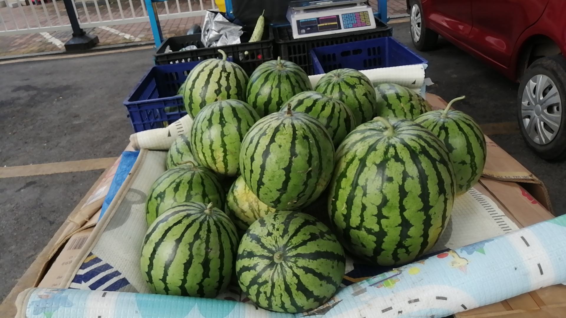 多个绿色条纹的圆形西瓜整齐地堆放在户外市场的木质摊位上,背景有遮阳伞和顾客挑选的身影,光线明亮,展现夏日氛围 西瓜堆放在市场摊位上