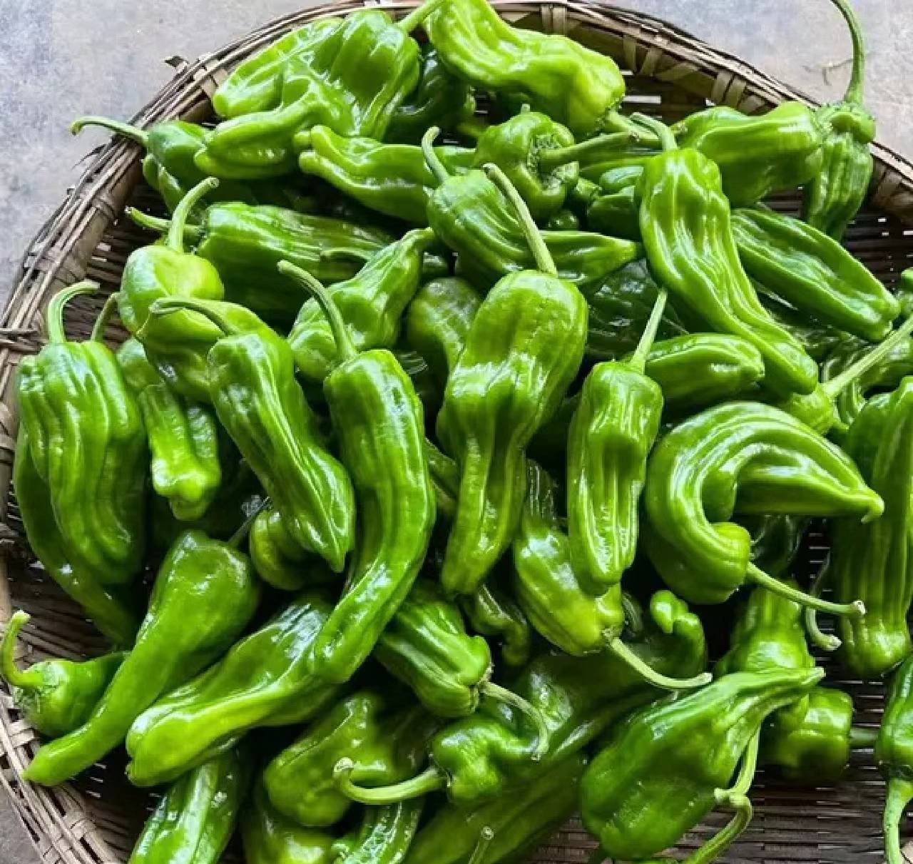 新鲜的红色和绿色尖椒摆放在竹篮中 尖椒实物图