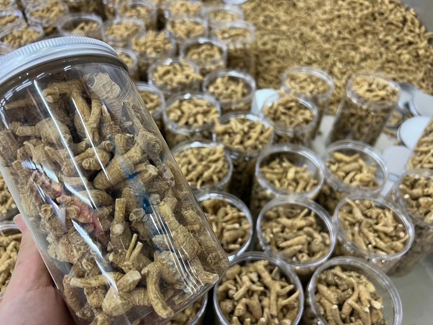 图片说明:玻璃瓶中装有干燥的西洋参切片,旁边摆放硅胶干燥剂和密封盖,背景为白色桌面,风格简洁专业 西洋参保存方法示意图