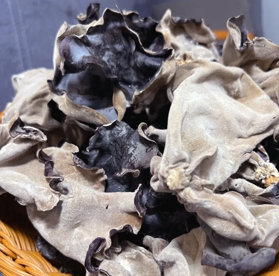 市场摊位上摆放的新鲜与干制毛木耳对比图