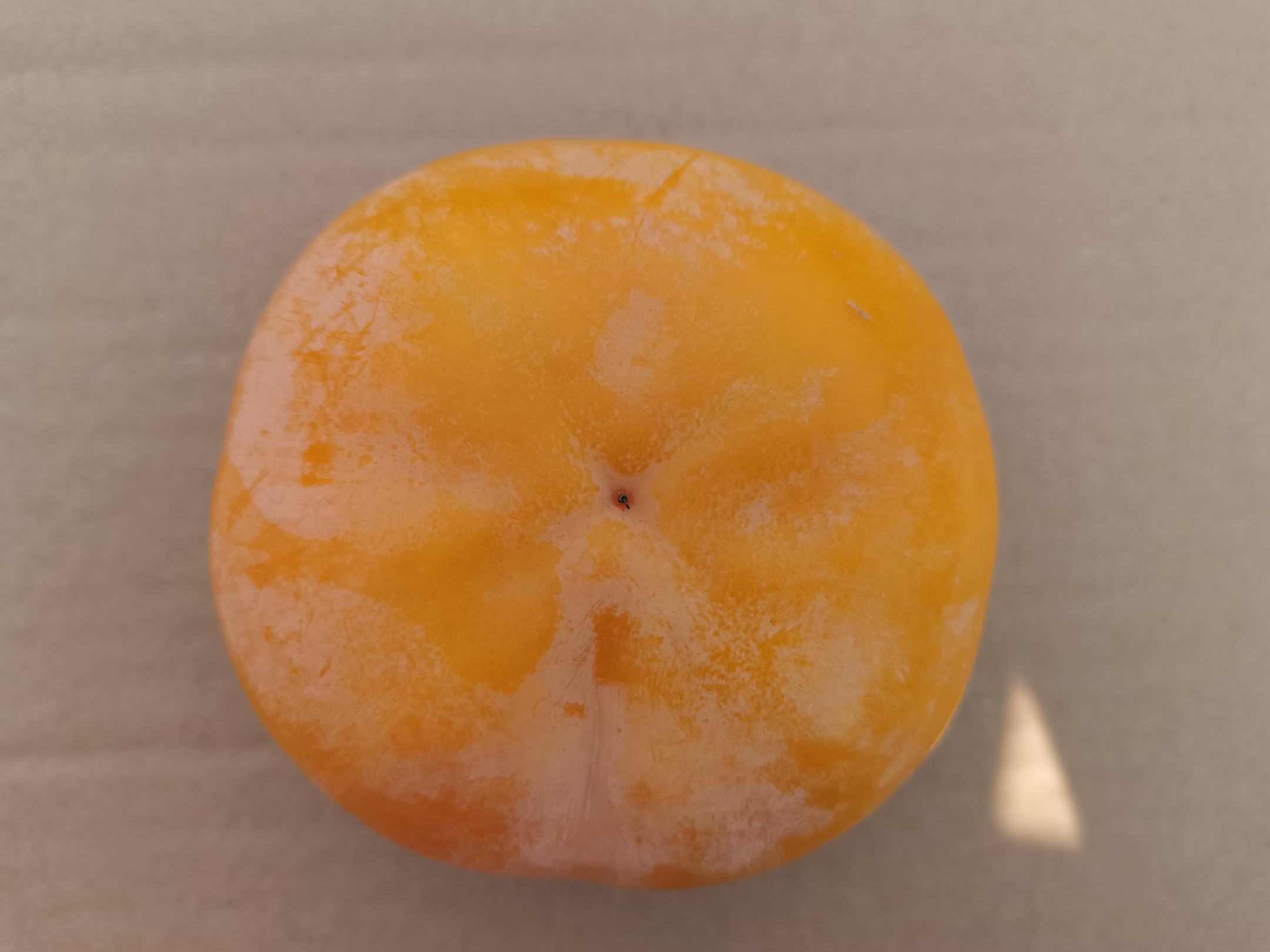 一个金黄色的干柿子特写镜头,表面覆盖着一层自然形成的白色霜状物(即柿霜),质地柔软有光泽,背景为木质托盘,旁边散落几片干柿子碎片,展现其内部纤维结构 干柿子特写