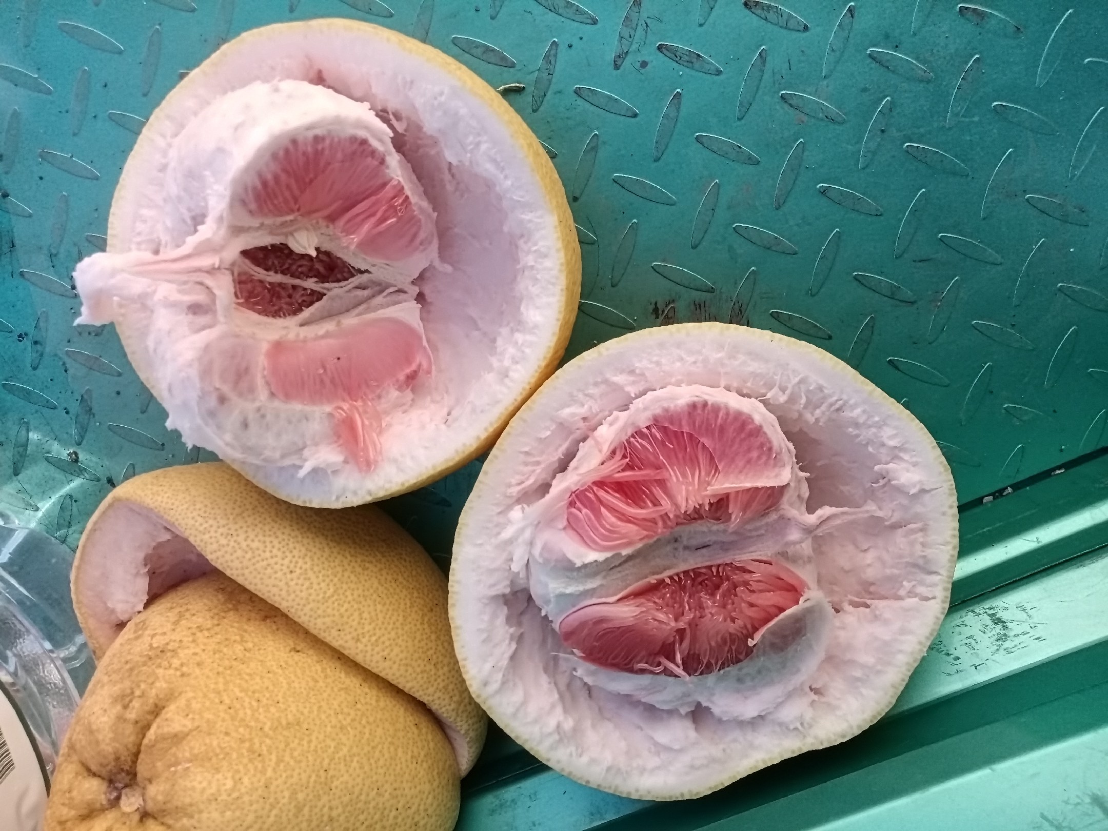 一个新鲜的红心柚被横向切开,露出鲜艳的粉红色果肉,汁胞饱满,排列整齐,外皮厚实呈淡黄色,背景为木质餐桌,旁边放有一把不锈钢水果刀 红心柚切开图