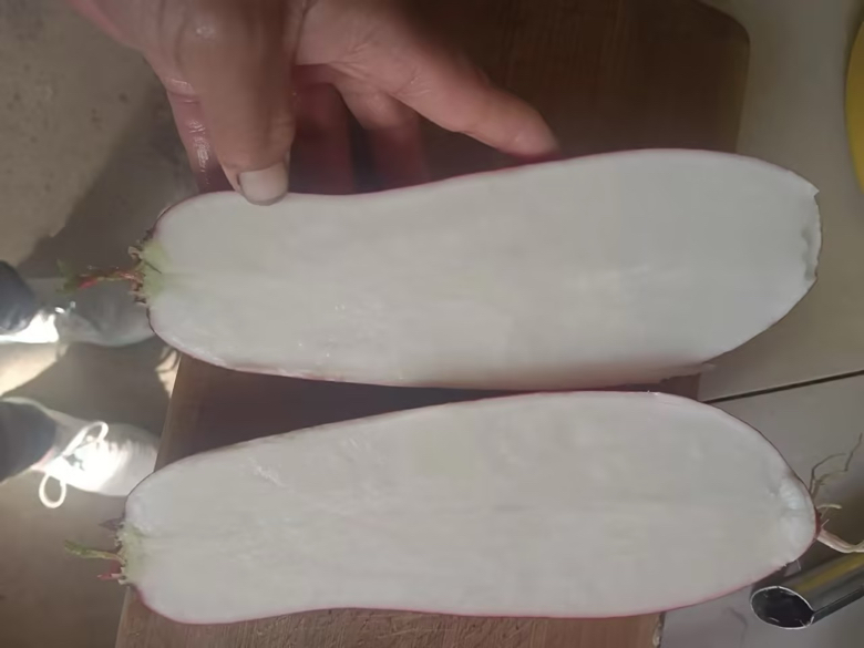 展示一个完整的红皮白心萝卜,外皮鲜红,切开后露出洁白的内部肉质 红皮白心萝卜的完整形态