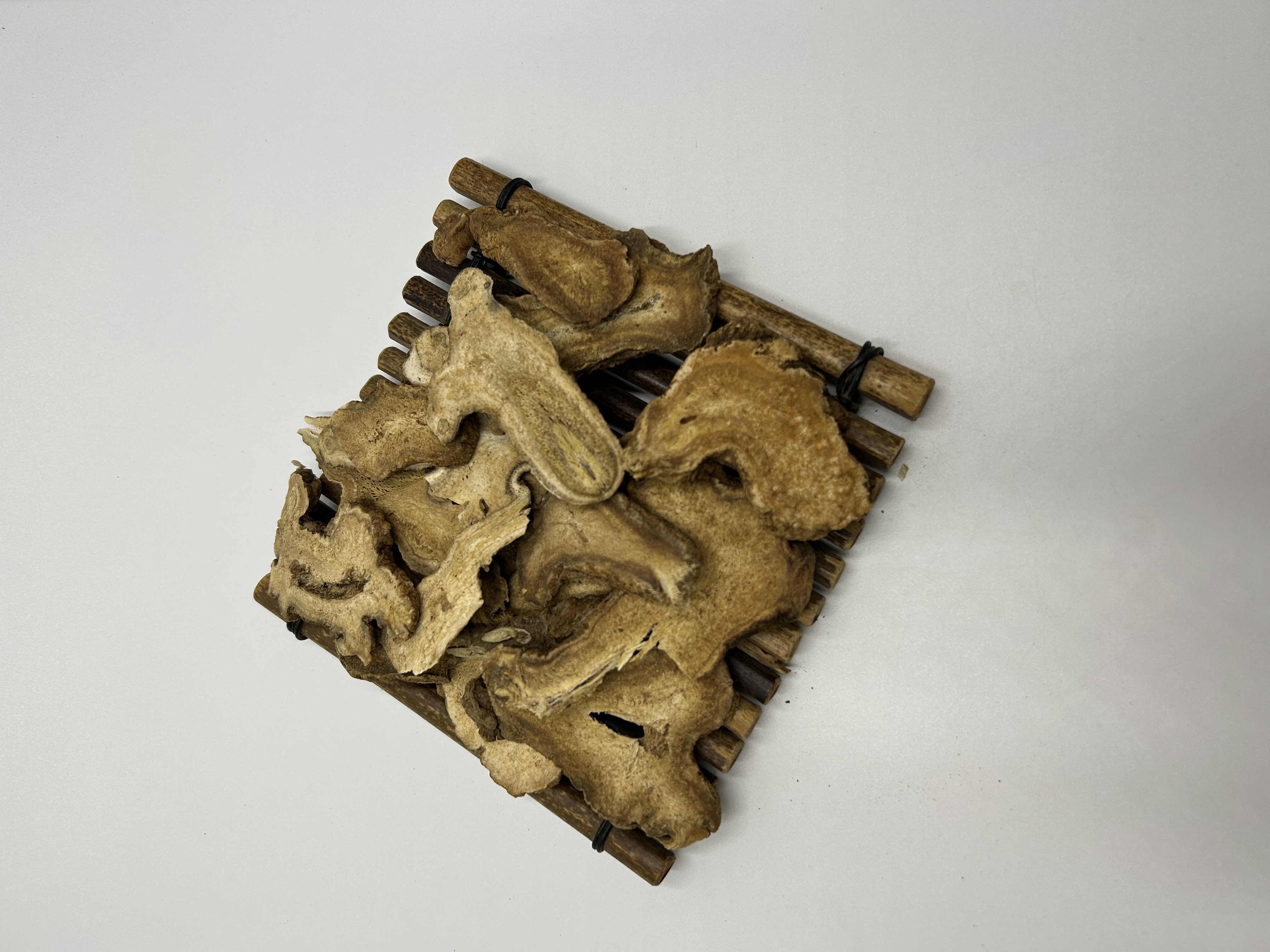 一株生长中的白术植物,根部膨大呈团块状;右侧为经过清洗、切片、晒干后的白术片,颜色呈灰黄至淡棕色,断面有明显的油点和菊花纹路,背景为传统中药铺木质药柜 白术植株与干燥切片对比图