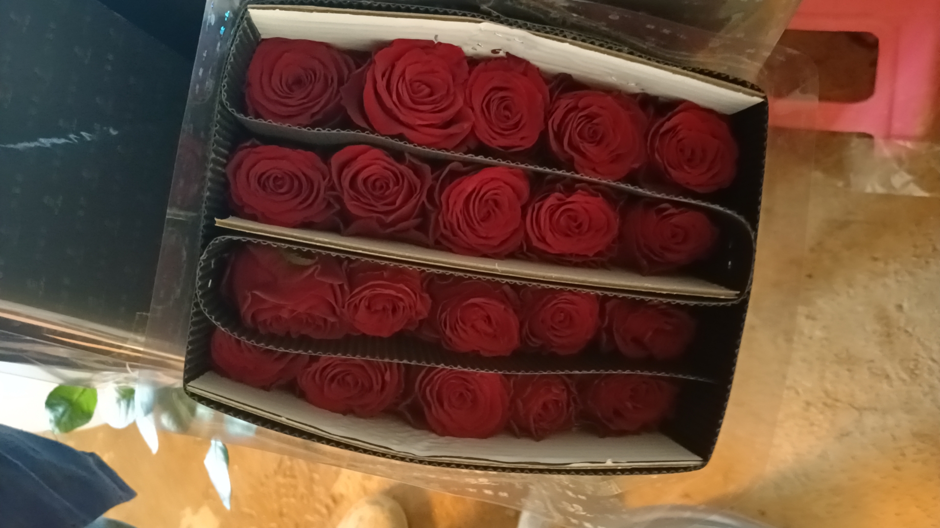 红色雏菊鲜花束在花店展示台上