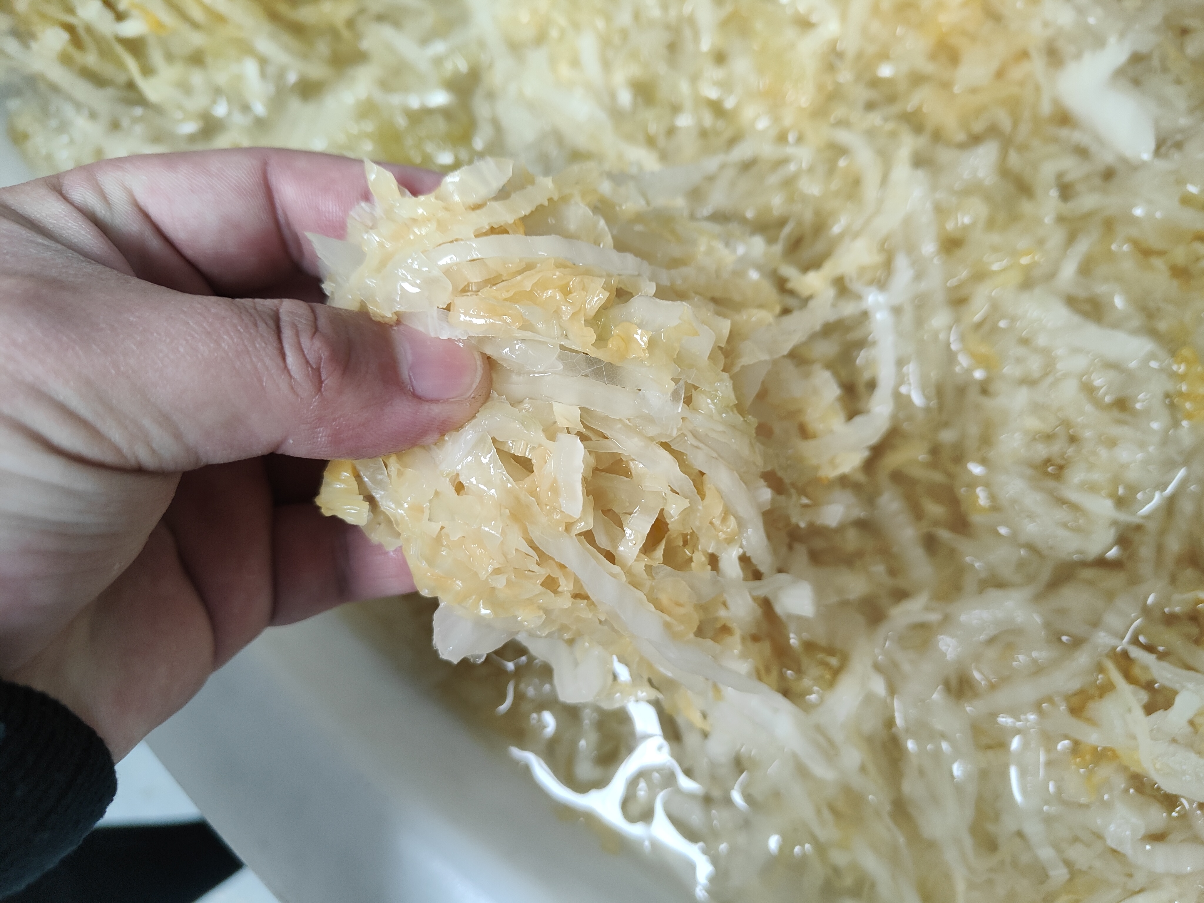 白菜切丝并腌制过程