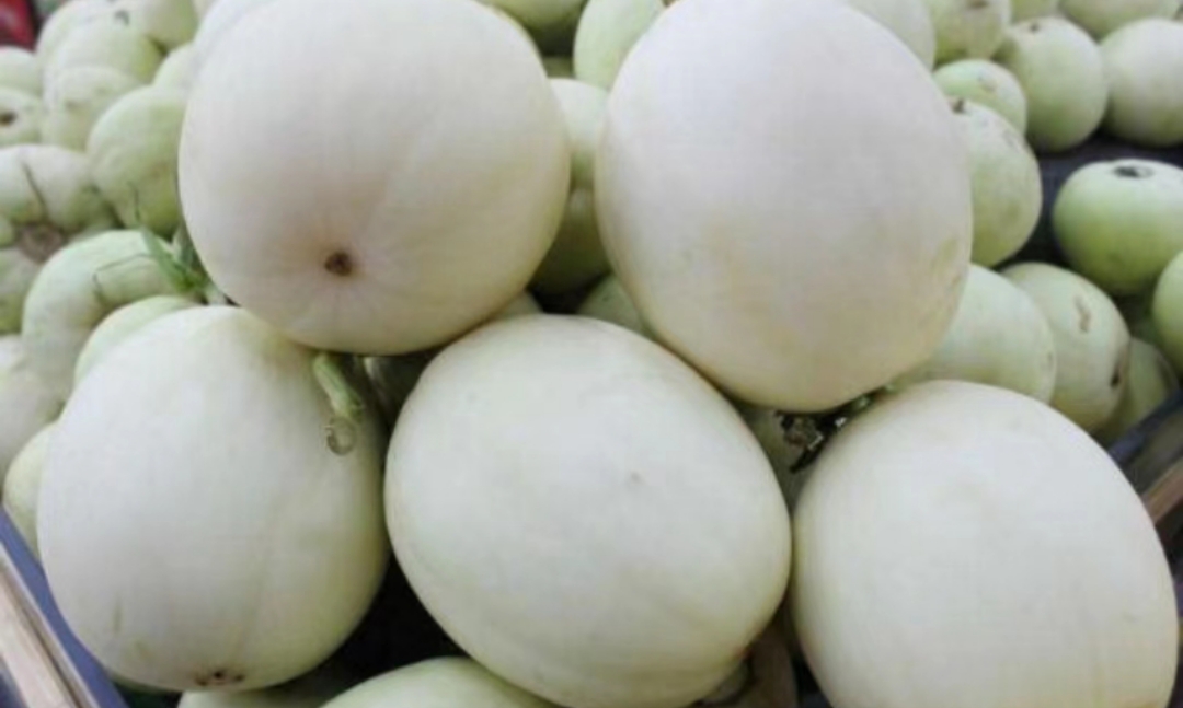 展示一个完整的玉菇甜瓜,表皮光滑,果肉洁白,背景为自然农田环境 玉菇瓜实物图