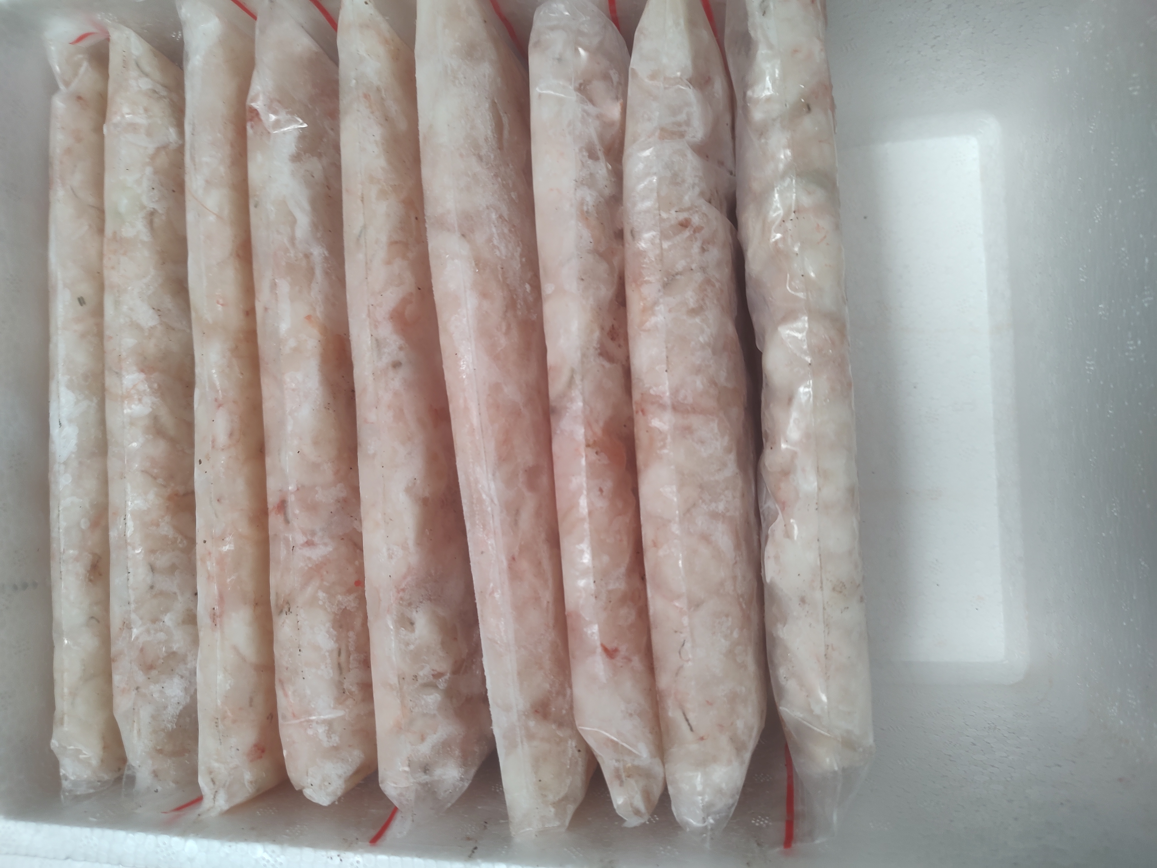 展示多个真空包装袋整齐排列在冰箱冷冻层,标签清晰,环境整洁 真空包装好的人参整齐摆放在冰箱冷冻层中