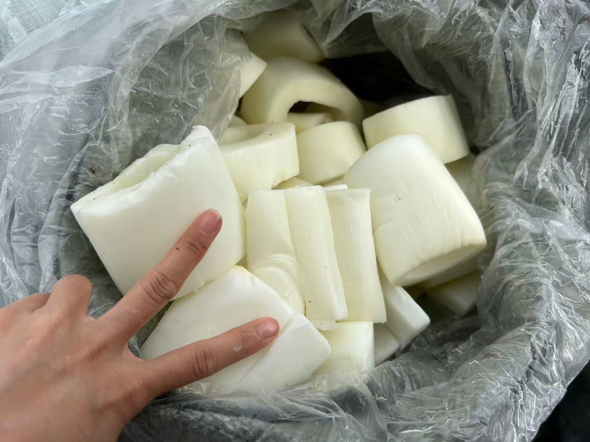 焯水后的竹笋块晶莹透亮，整齐铺在白色瓷盘中，表面无水渍，边缘微泛青玉光泽，背景为木质料理台
