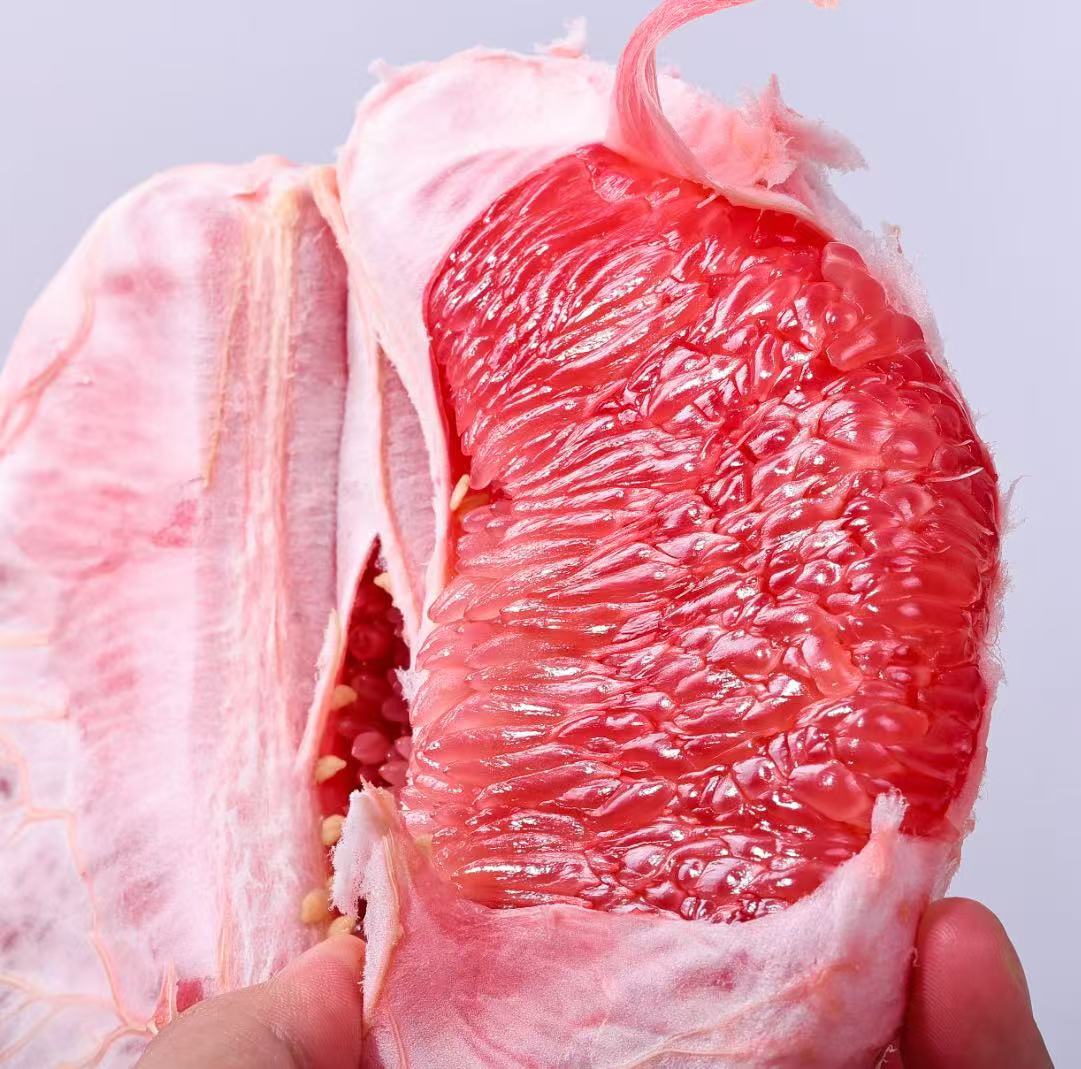葡萄柚横切特写：红肉、粉红肉、白肉三品种并排对比，果肉饱满多汁，表面覆薄层白色筋络，背景为木质砧板与不锈钢电子天平，显示“100g鲜果肉”标签