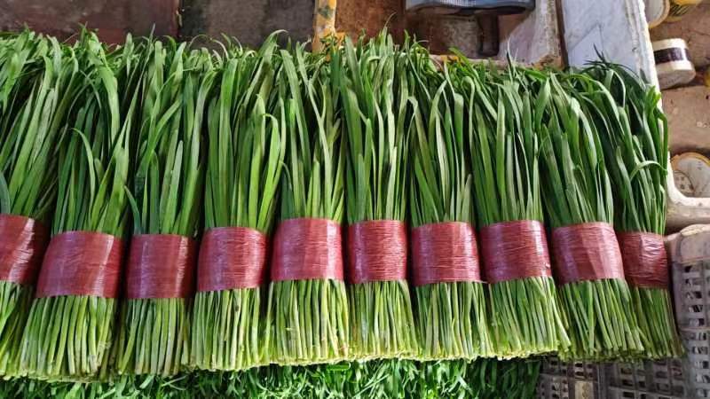 图片说明:新鲜的韭菜与干泡发后的黑木耳并列摆放,展示两种食材的外观特征 韭菜与木耳的食材展示