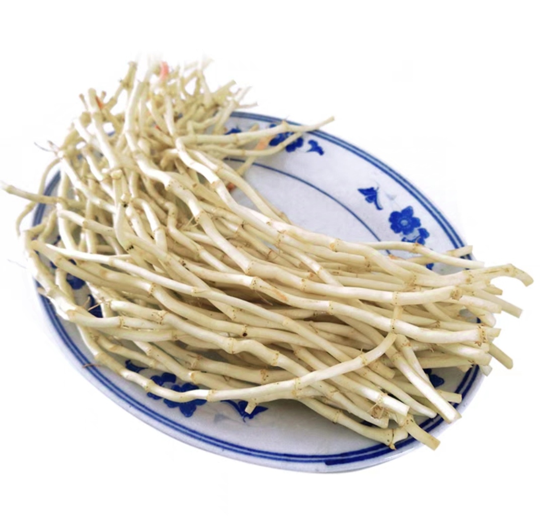 厨房操作台上的新鲜鱼腥草根,正在被手工清洗,旁边摆放着剪刀、刷子和一碗清澈的水。另一盘已清洗干净并切成小段的鱼腥草根呈现乳白色,整齐排列 鱼腥草根清洗与切段过程